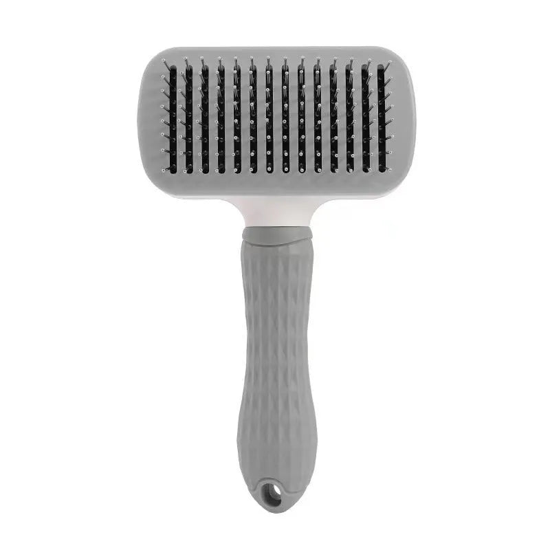 Self-cleaning pet comb with fine needle stainless steel teeth, rubber body, 19 cm, in blue, pink, or grey