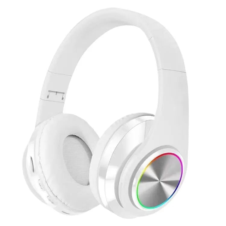Black wireless over-ear Bluetooth gaming headset with LED breathing lights on the earcups.