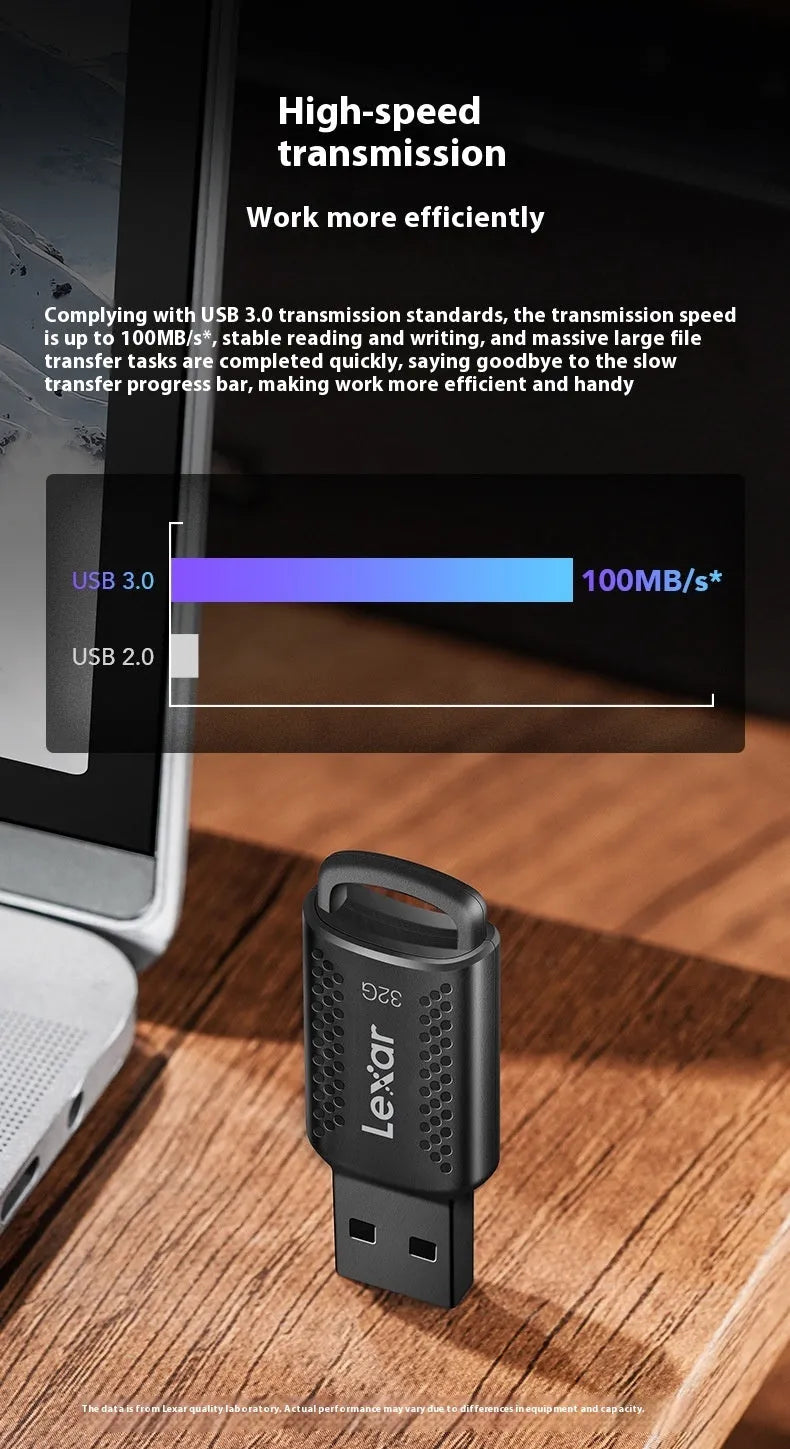 Black plastic mini USB 3.0 flash drive with encryption, 47.8 x 18.4 x 8 mm