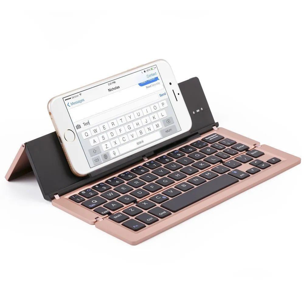 F18 three-fold folding aluminium alloy Bluetooth keyboard in silvery finish, folded to compact size