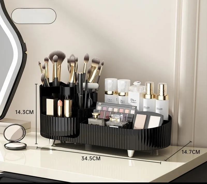 Rotating cosmetics storage box organiser for makeup brushes and lipsticks on a table.