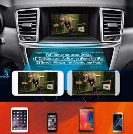 Black car mirror link box Wi-Fi converter with power cable, antenna, and AV cable for smartphone screen mirroring.