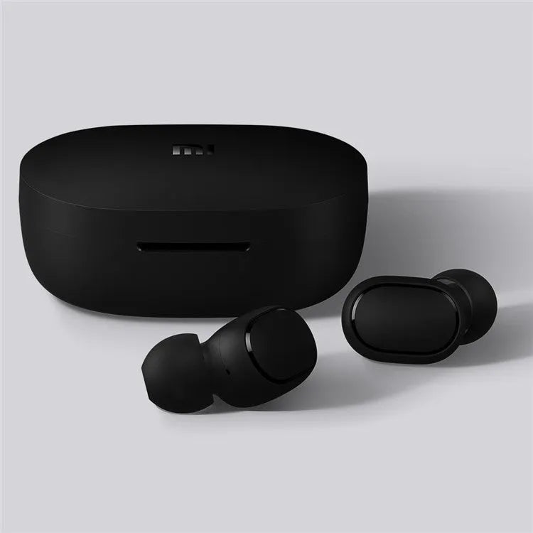 Redmi AirDots 2 black true wireless earbuds and charging case on a white background