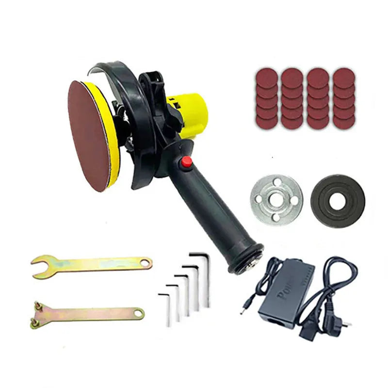 Black handheld electric seam polisher with 100mm grinding disc on a workbench