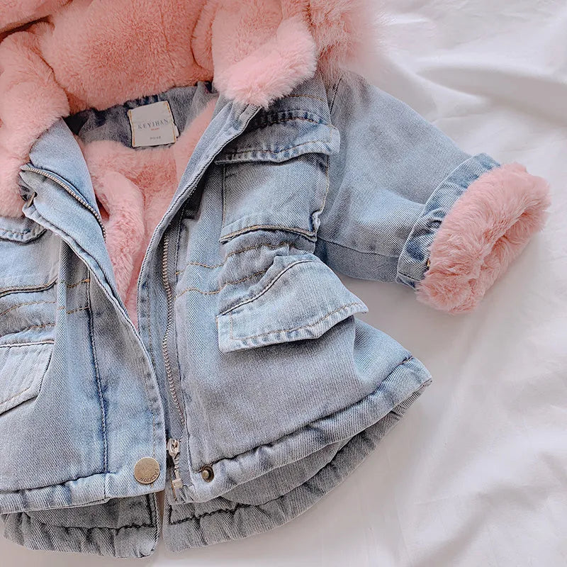 Blue girls' denim coat with a non-removable hood and fleece lining, shown on a hanger.