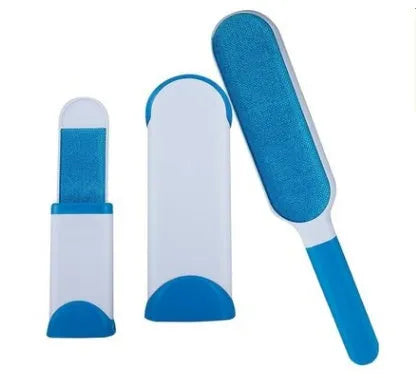 Blue reusable pet hair removal comb with double-sided sticky brush next to its self-cleaning base.