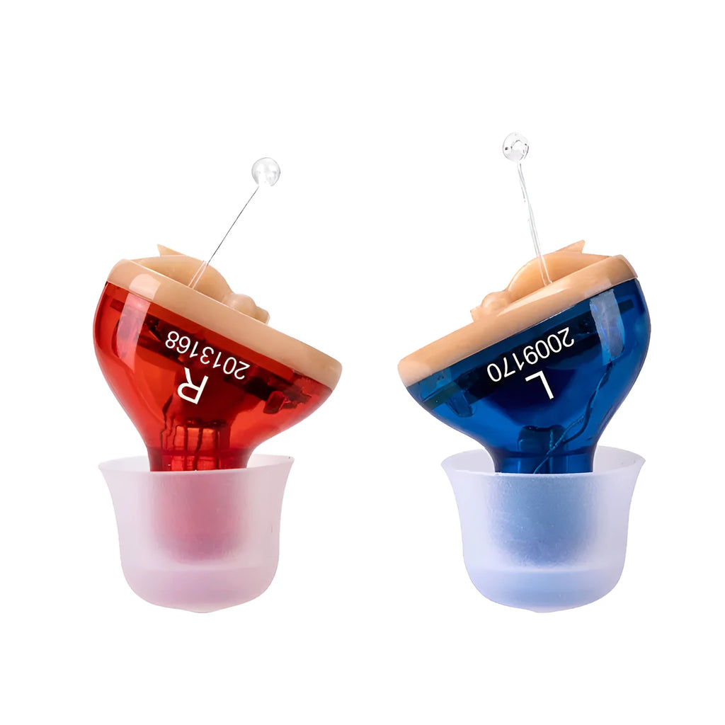 Q10 CIC hearing aid with red and blue colour options, measuring 1.8cm with included earphones and accessories