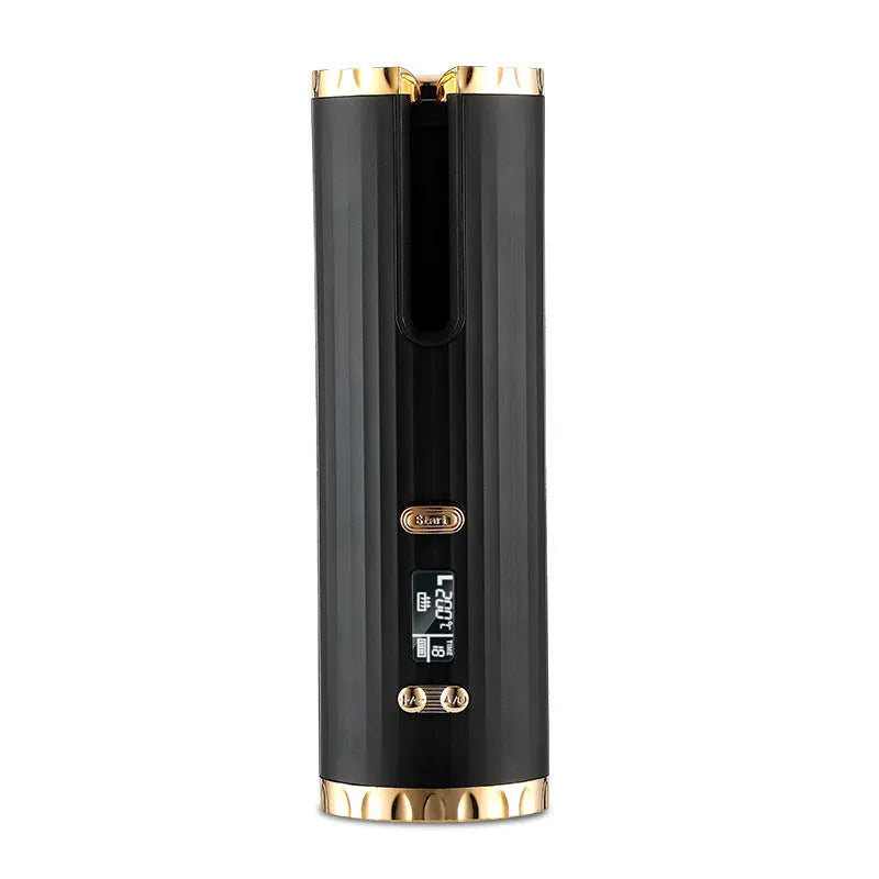 Black rechargeable automatic hair curler with LCD display and rotating ceramic barrel.