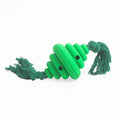 Green and yellow silicone dog ball with rope attachment for food dispensing and tug-of-war games