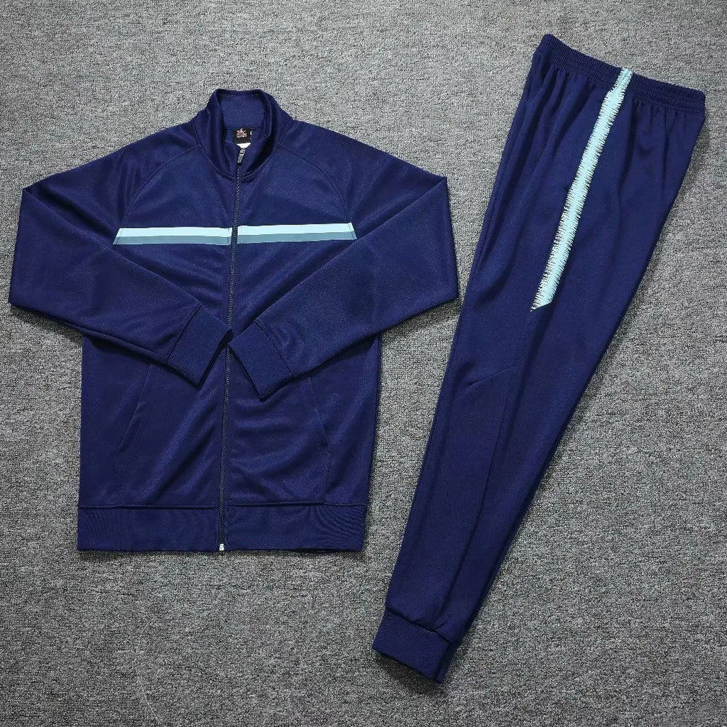 Blue men's casual suit with stand collar and matching trousers, long sleeves, autumn wear
