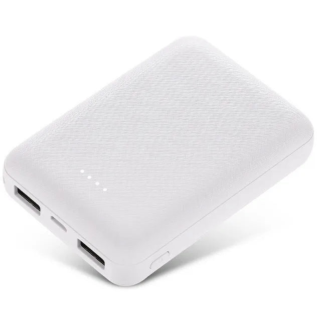 Ultra-thin 10,000mAh power bank measuring 90x63x22mm with multiple USB ports in black or white colour