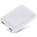 Ultra-thin 10,000mAh power bank measuring 90x63x22mm with multiple USB ports in black or white colour