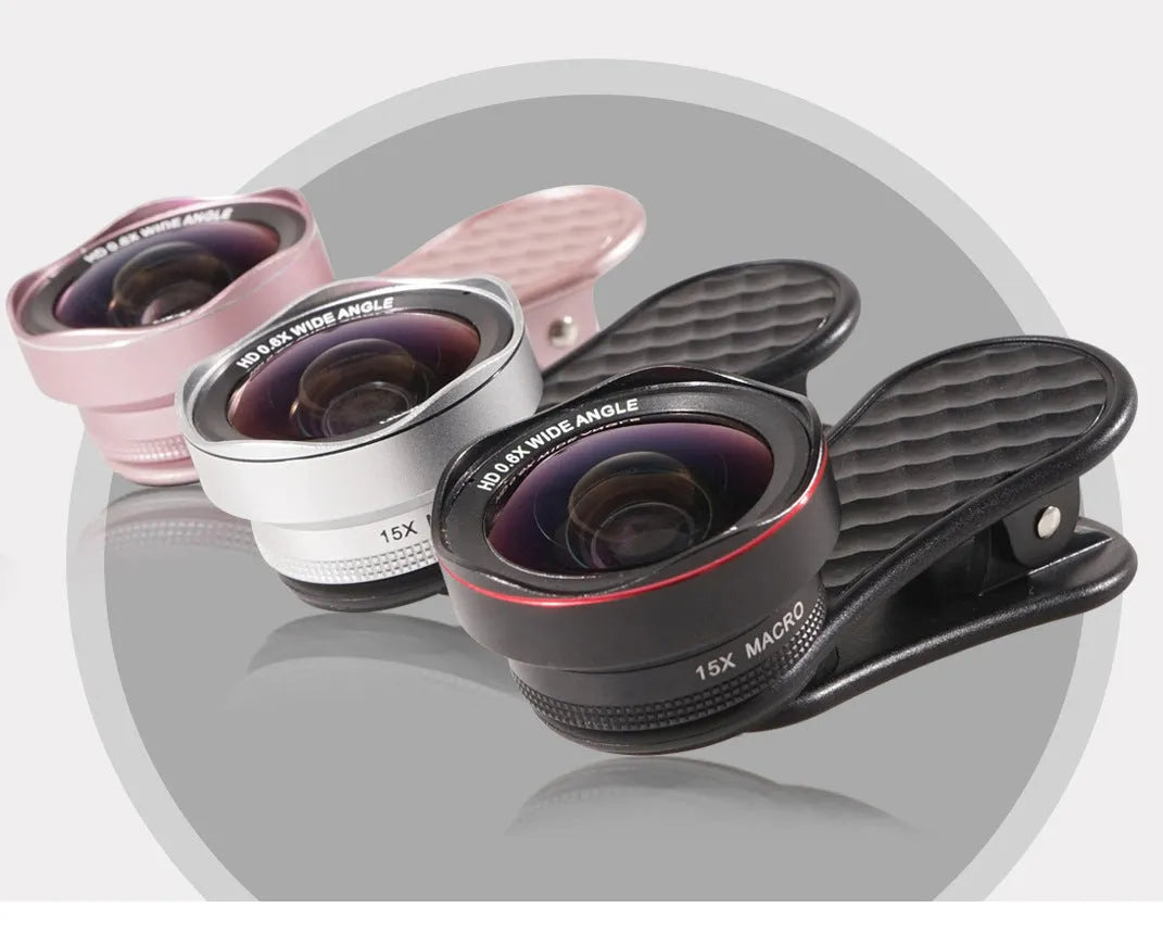Mobile phone external camera lens kit showing wide-angle and macro lenses with clip and storage box in black finish