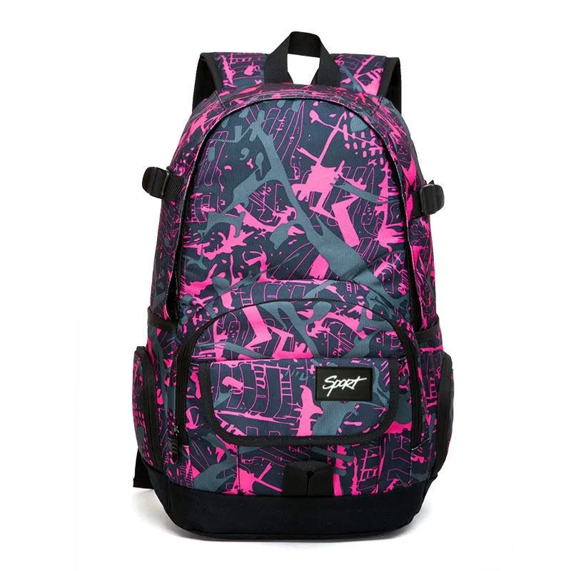 Classic blue nylon backpack with large main compartment shown open.