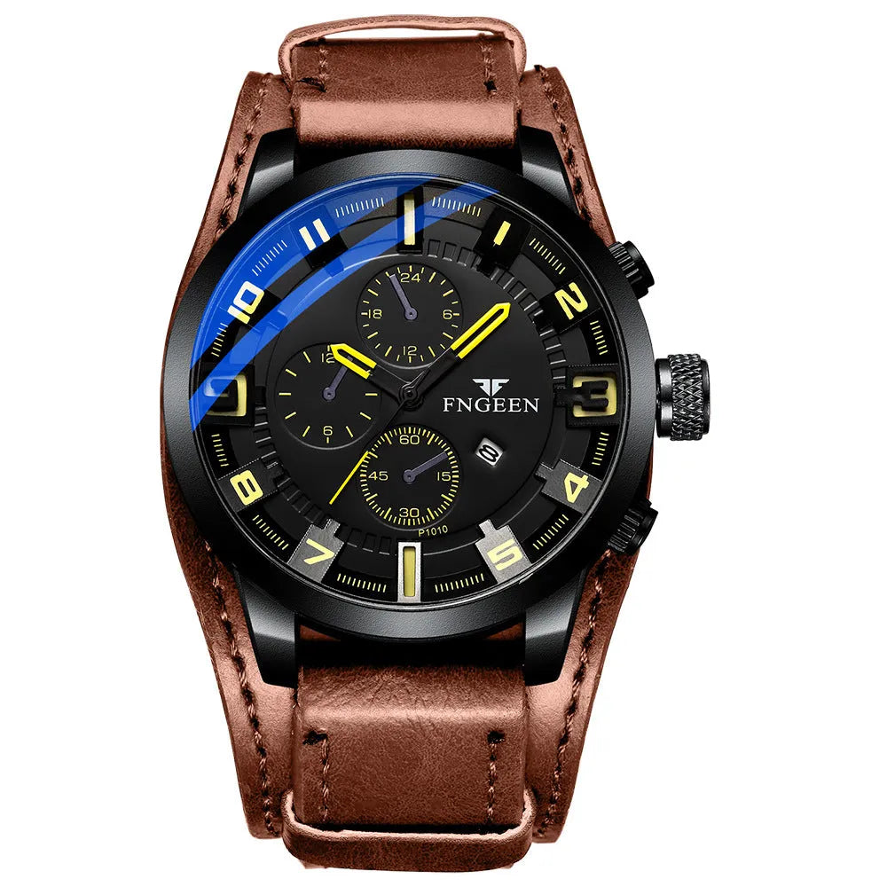 Casual waterproof watch with nubuck leather strap, black shell, 40.5mm dial, perspective window
