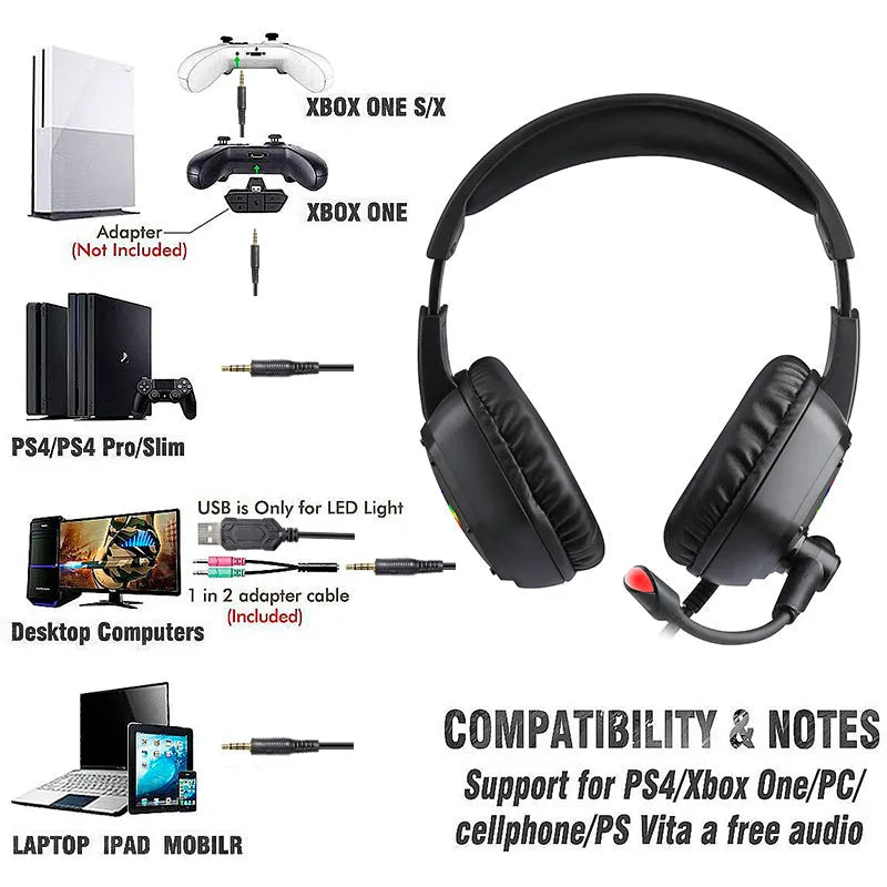 Black gaming headset with 3D surround sound, noise canceling microphone, and colorful LED lights on over ear pads