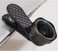 Mobile phone external camera lens kit showing wide-angle and macro lenses with clip and storage box in black finish