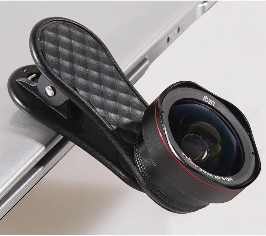 Mobile phone external camera lens kit showing wide-angle and macro lenses with clip and storage box in black finish