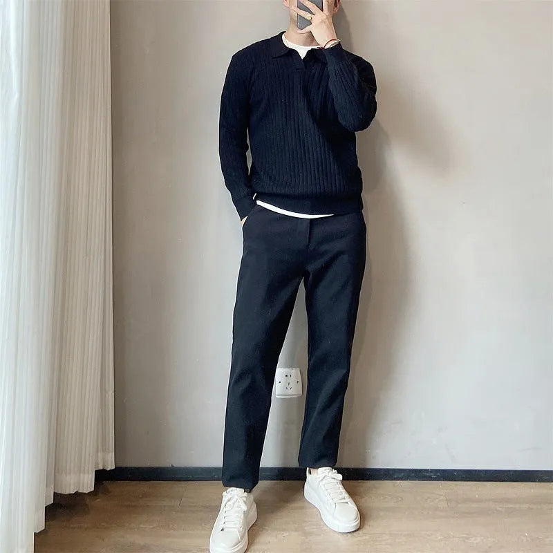 Men's loose striped lapel knitted sweater in modal and rabbit fur blend, shown in army green.