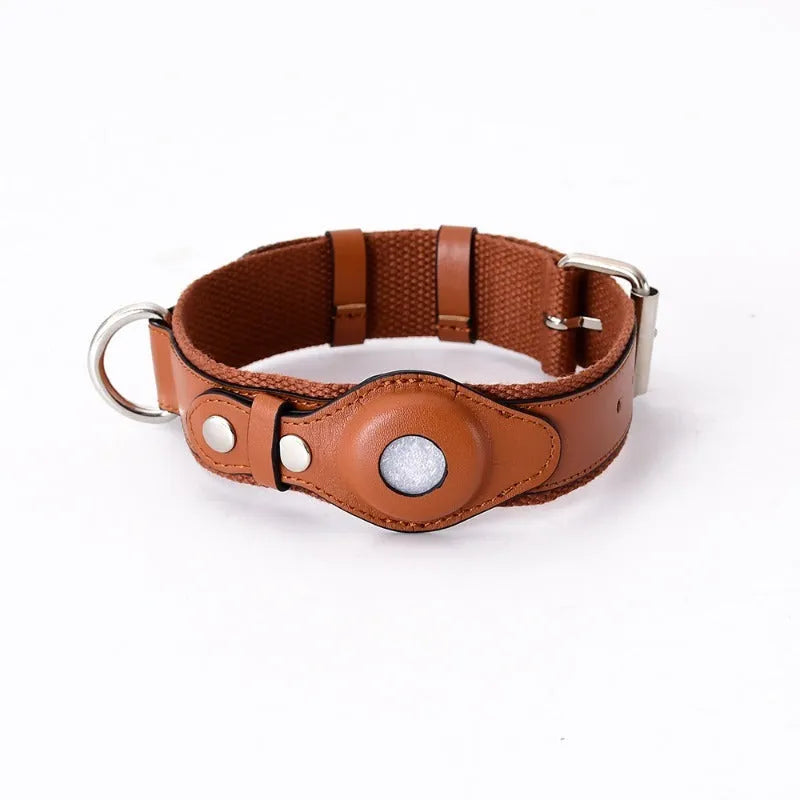 Leather dog collar with AirTag holder in black, adjustable for medium to large dogs