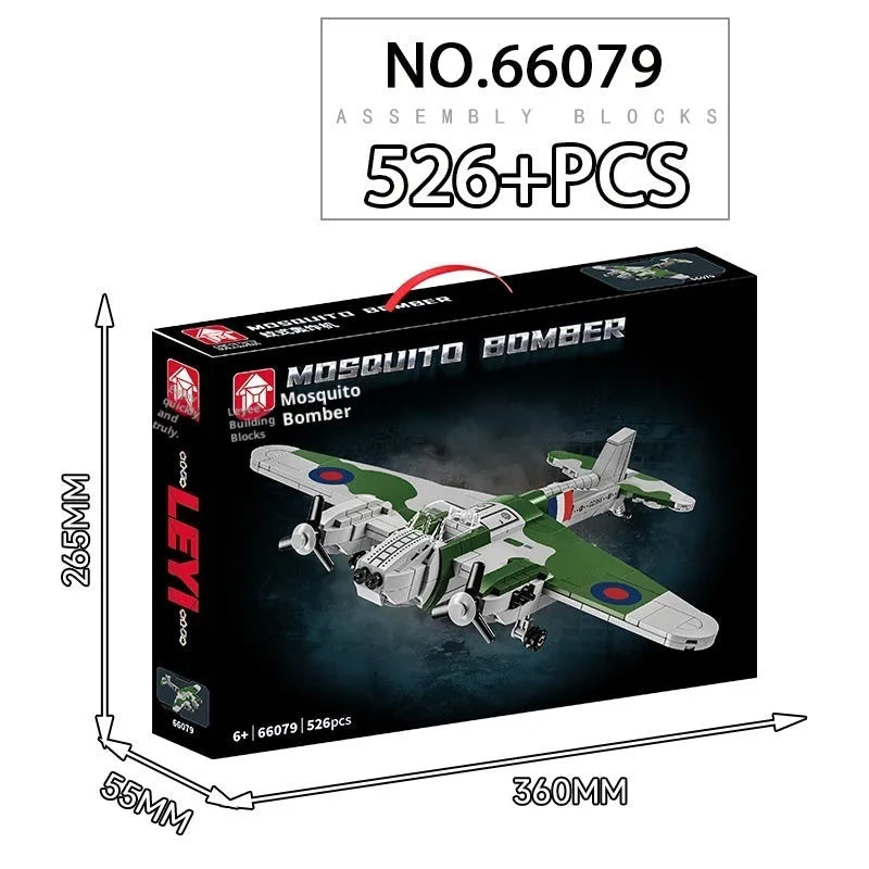 Building blocks airplane model Mosquito bomber set with 526 plastic pieces in colour box