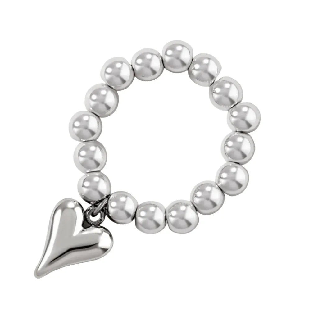 Handmade elastic beaded ring with love heart design in gold or white colour