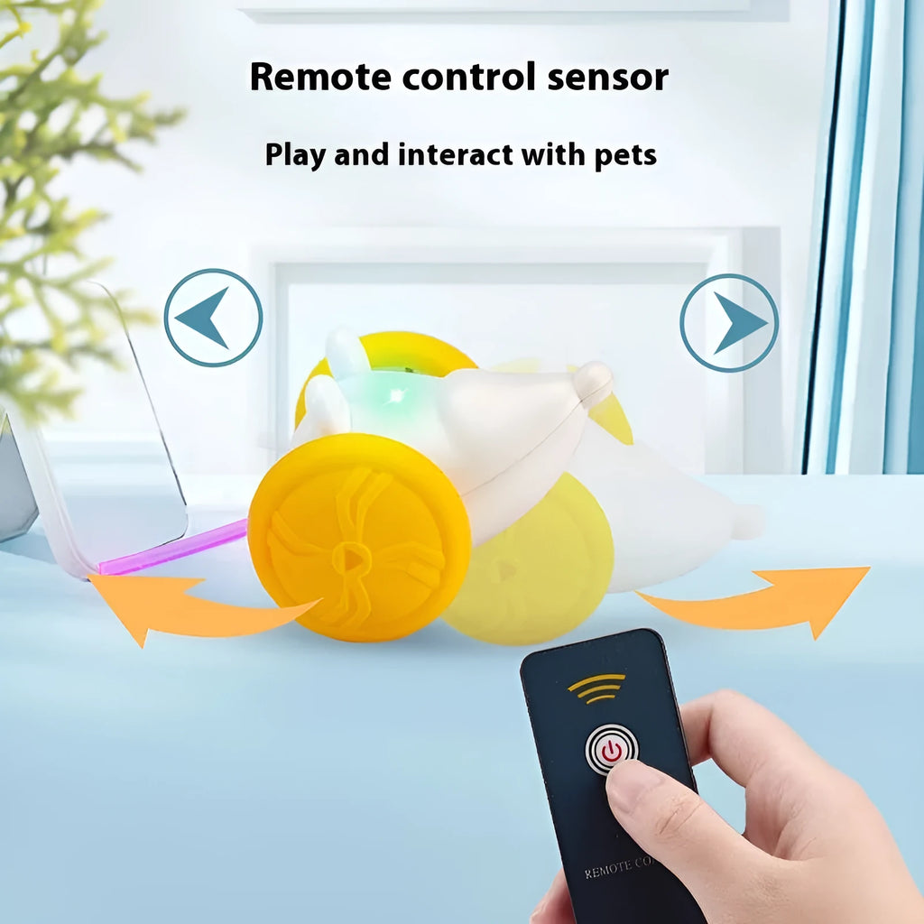 Electronic cat toy mouse with remote control, showing blue and yellow colour options