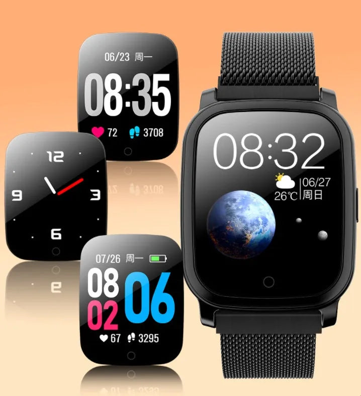 Black smart pedometer watch with temperature sensor on a wrist, showing 1.3-inch display