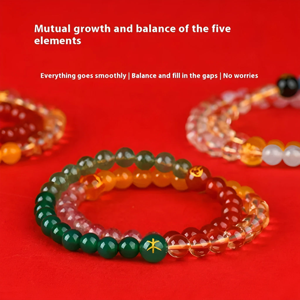 Double ring crystal bracelet with duobao beads in Five Elements colours, Chinese national style geometric design