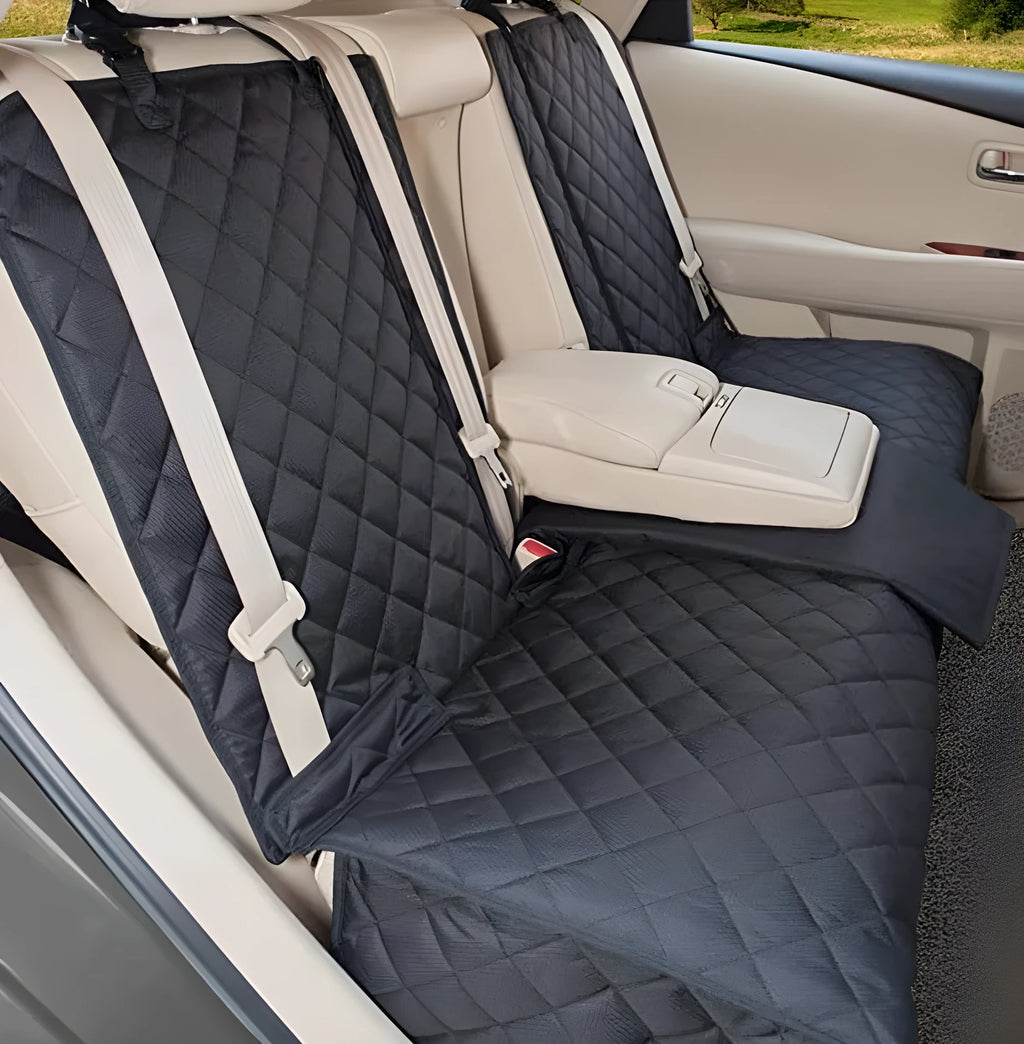 Black pet car seat cover made from 600D Oxford cloth with thick cushion and non-slip net on a rear car seat