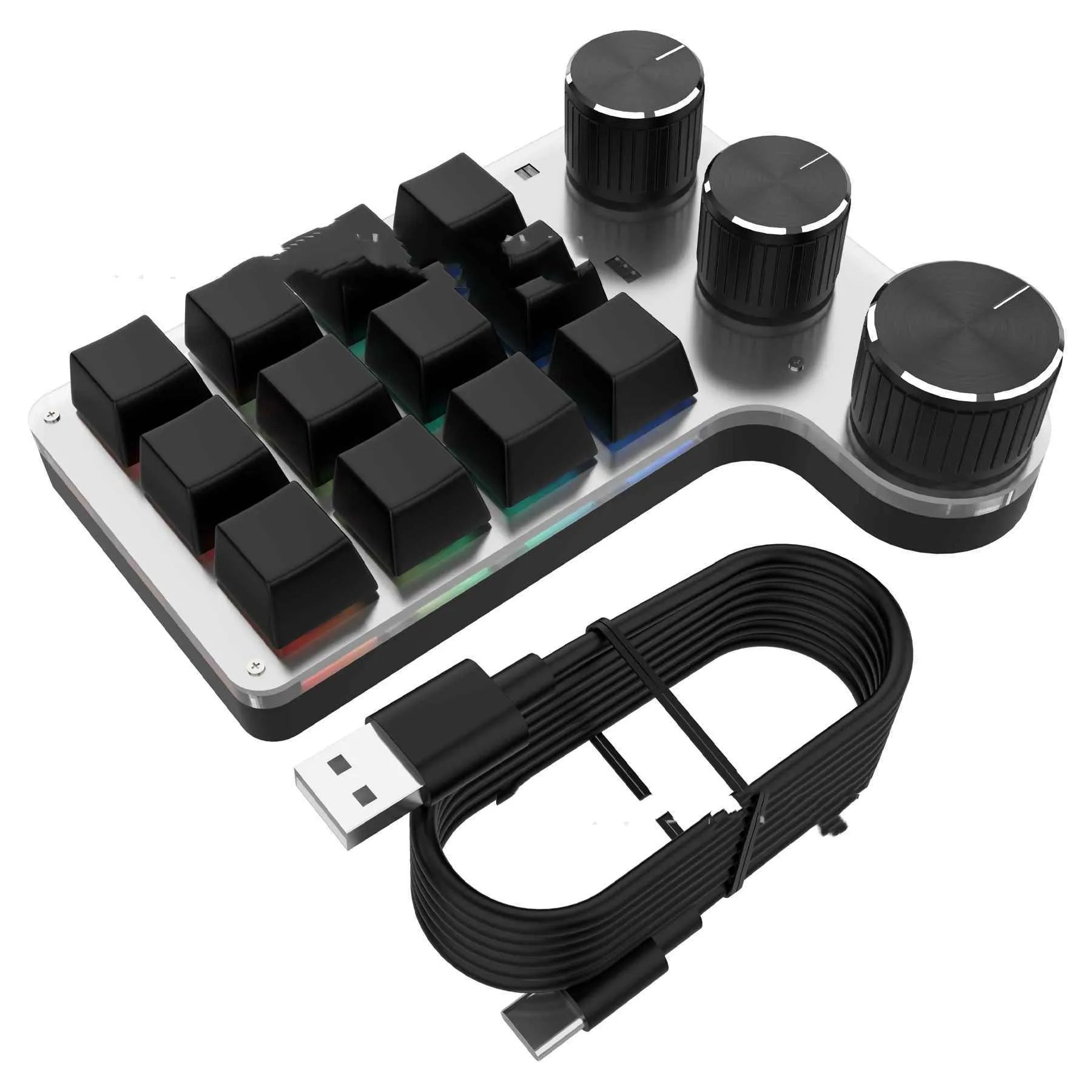 Bluetooth custom shortcut keyboard with 12 keys and 3 knobs, RGB lighting, black colour, placed on a desk
