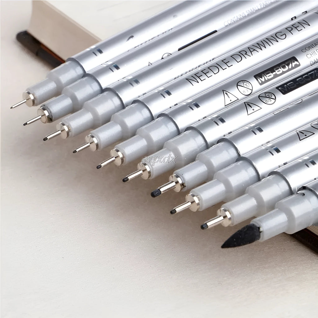 10-piece micron needle drawing pen set with black waterproof pigment ink and tip sizes 005 to 20