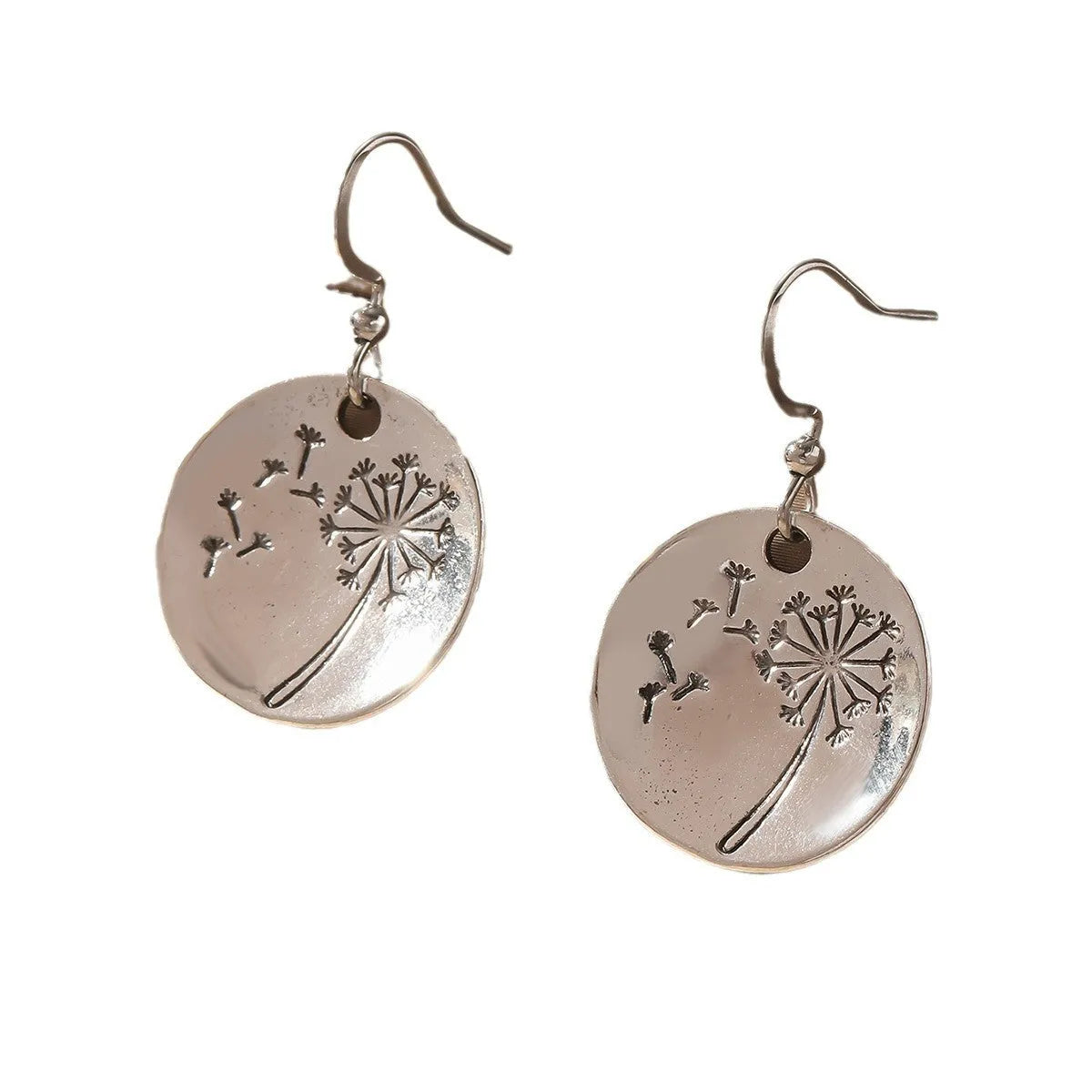 Round dandelion earrings in antique silver finish on zinc alloy for women