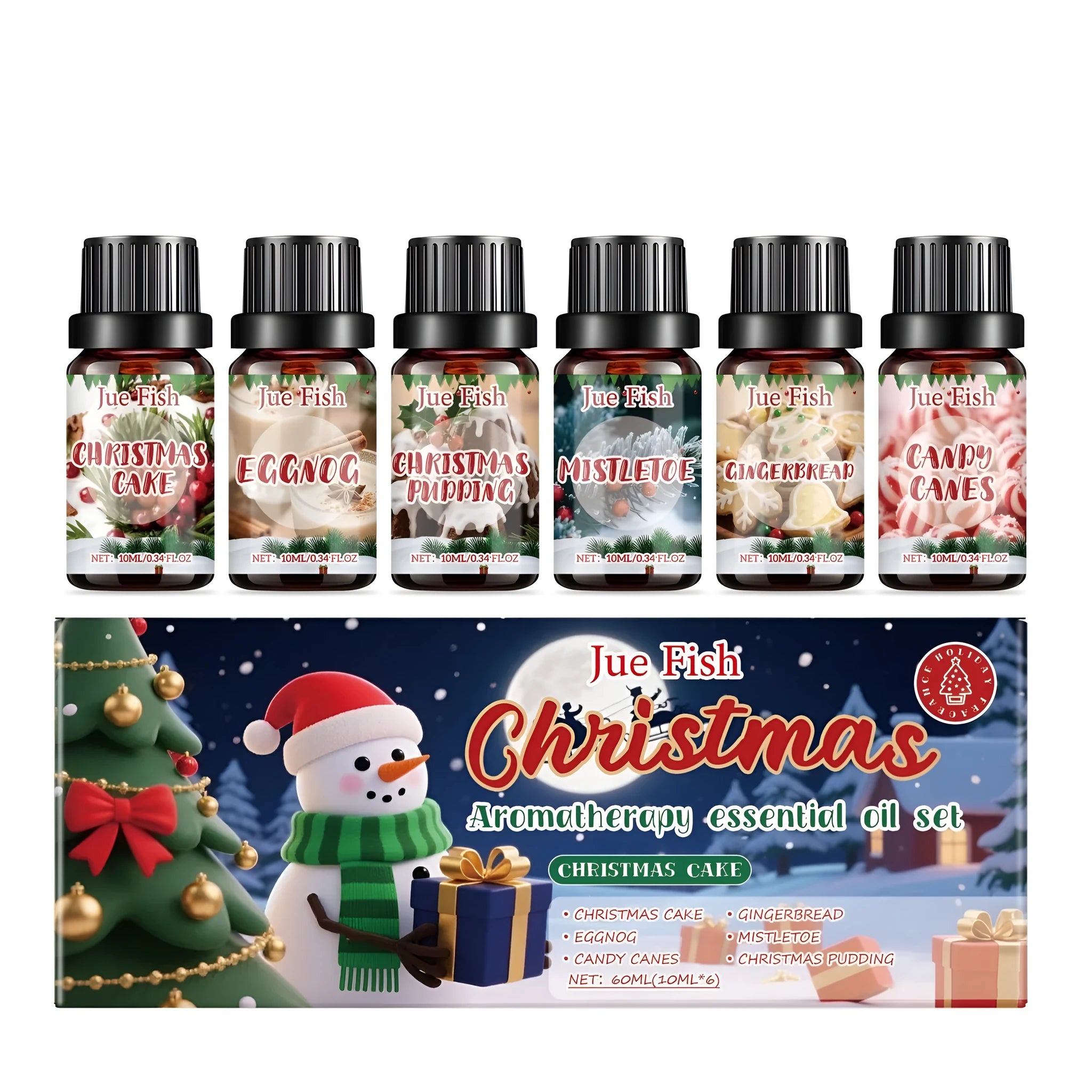 Christmas essential oil set with six 10ml bottles of different holiday fragrances