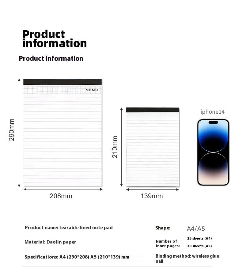 A4 tearable notebook with perforated pages and wireless adhesive binding for meeting notes