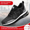 Black steel toe safety work shoes for men with a mesh upper and protective sole