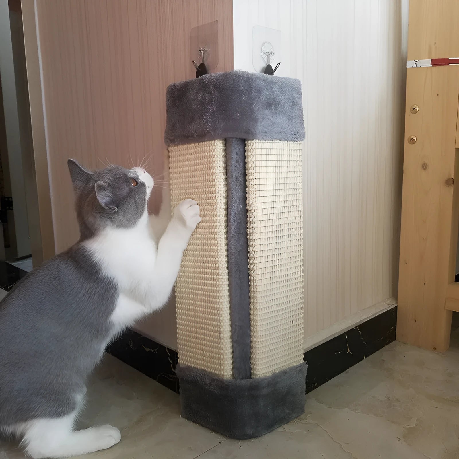 Foldable beige cat scratcher with sisal rope and CARB certified board on floor
