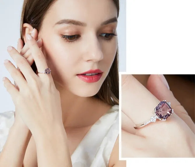 925 silver ring with quadrilateral inlaid Morgan stone in light brown, women's geometric jewellery