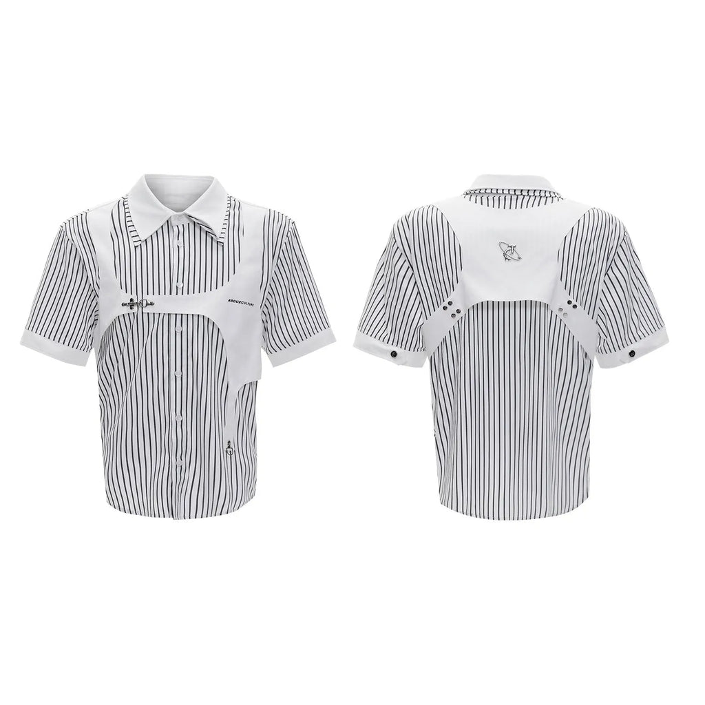 Men's striped cotton shirt with double collar design in black and white patterns, short sleeves with single-breasted fastening