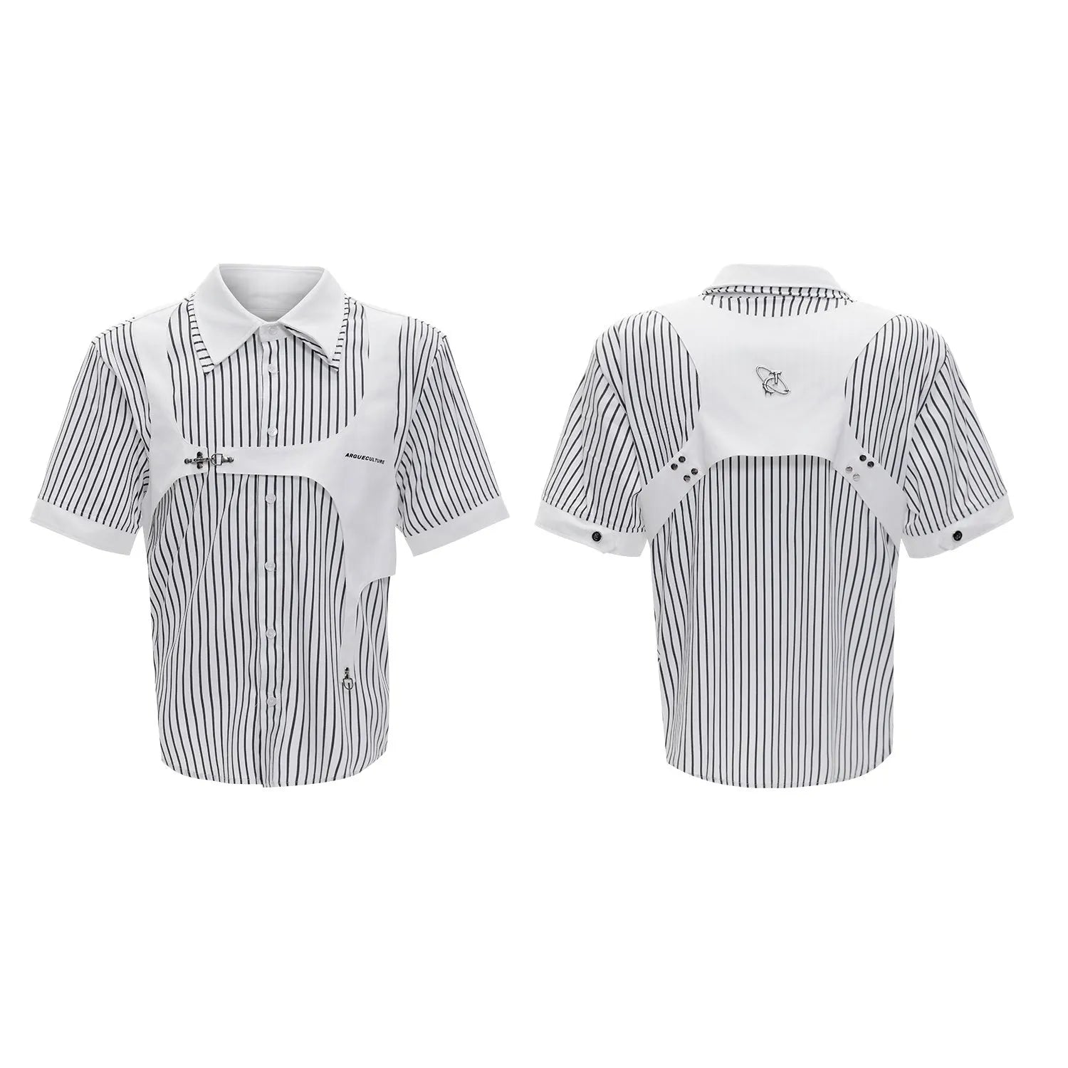 Men's striped cotton shirt with double collar design in black and white patterns, short sleeves with single-breasted fastening
