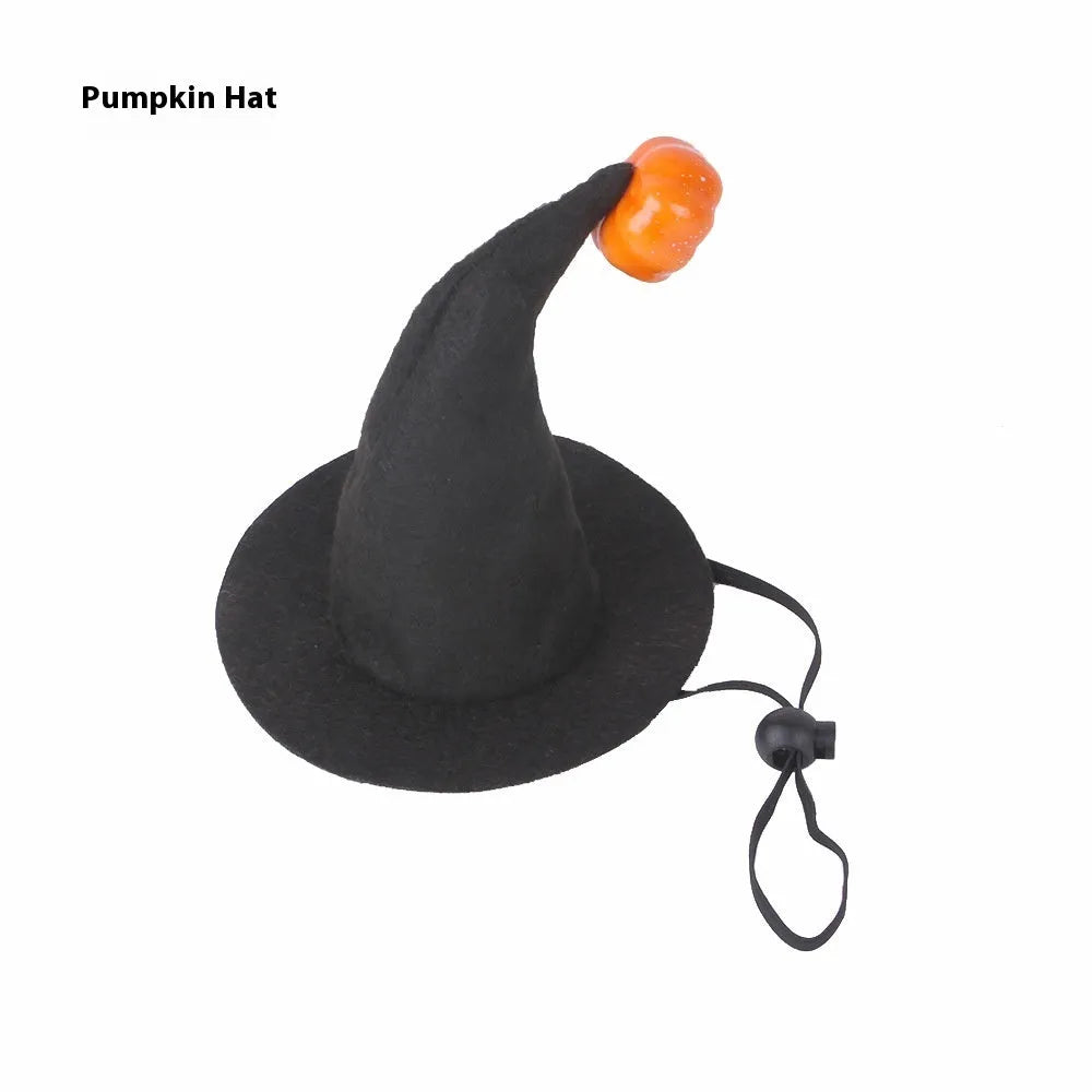 Adjustable cloth Halloween hat for pets showing embossed pumpkin design on cat