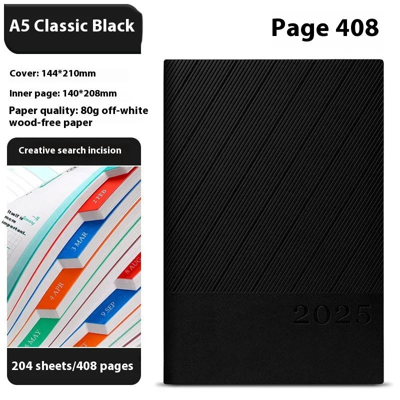 A5 striped PU leather notepad open on a desk showing thickened paper, available in eight colours.