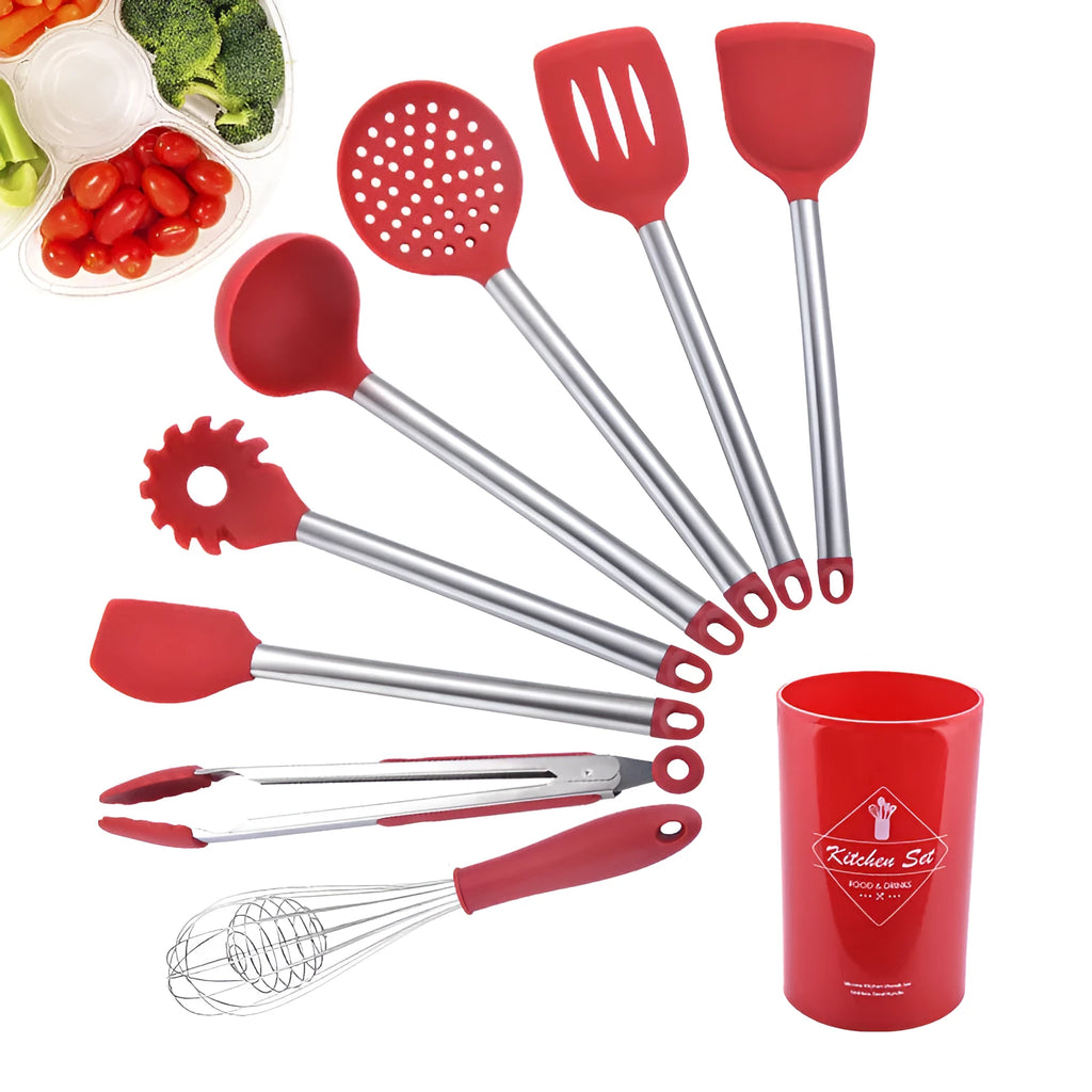 8-piece silicone kitchenware set with stainless steel tube handles in black and red