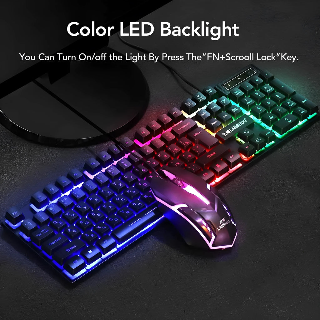Russian USB wired backlit keyboard and mouse set in black with multimedia keys and cable