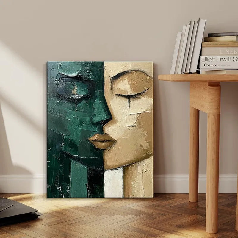 Hand-painted oil painting modern art green and beige face on canvas wall decor