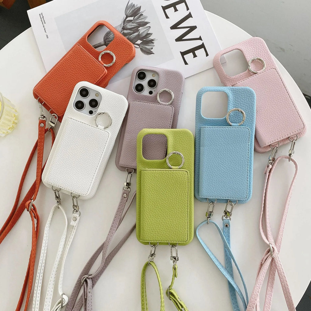 Lychee pattern frosted imitation leather lanyard phone case with beauty mirror and card slots