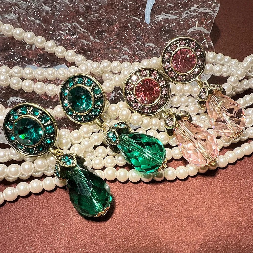 Pair of high-grade crystal zircon drop earrings in green and pink with glossy glass glaze finish