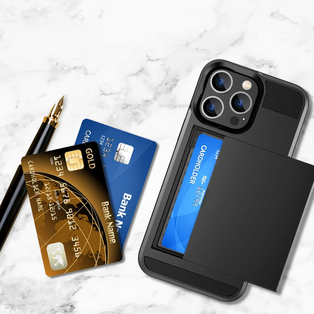 Solid colour plastic slide card phone case for iPhone 14 Max with card slot on back