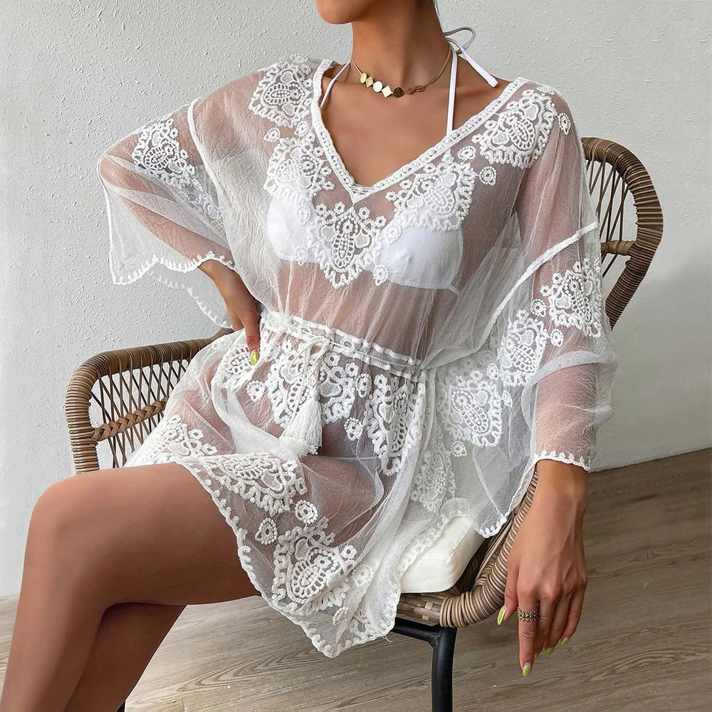 White free-size water-soluble polyester beach blouse with acrylic lining for sun protection