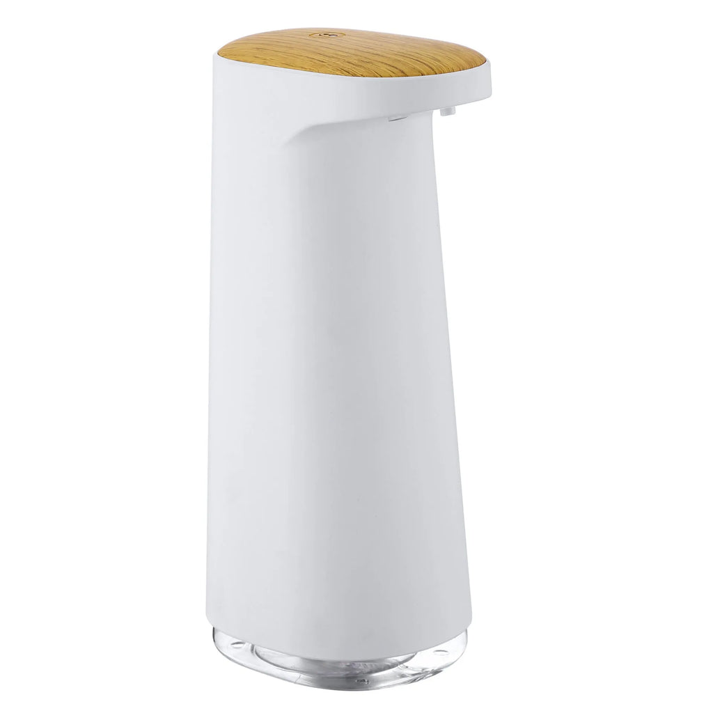 White automatic foam soap dispenser with sensor for touch-free operation on bathroom counter